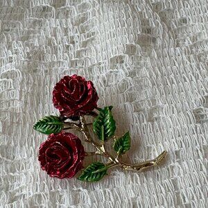 Vintage 1970s Brooch with Two Red Roses, Four Green Leaves, on Gold Tone Stem